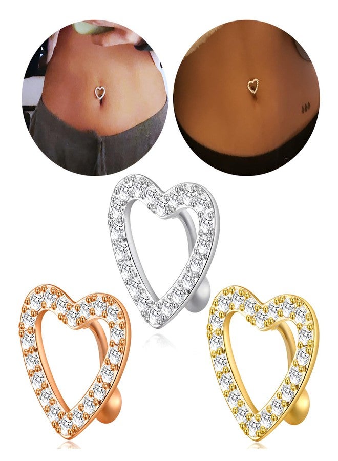 Decentraland 1 PC 14G Gold Love Heart Belly Button Rings with Clear Zircon Stainless steel Navel Reverse Hinged Hypoallergenic Piercing Jewelry for Women, Style 002 - Image 3